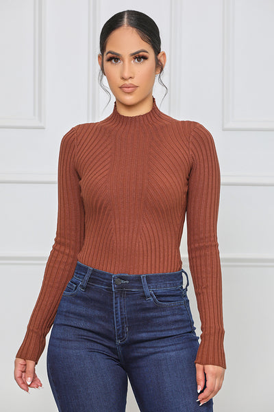 The Classic Ribbed Turtleneck Bodysuit (Brown) - Lilly's Kloset