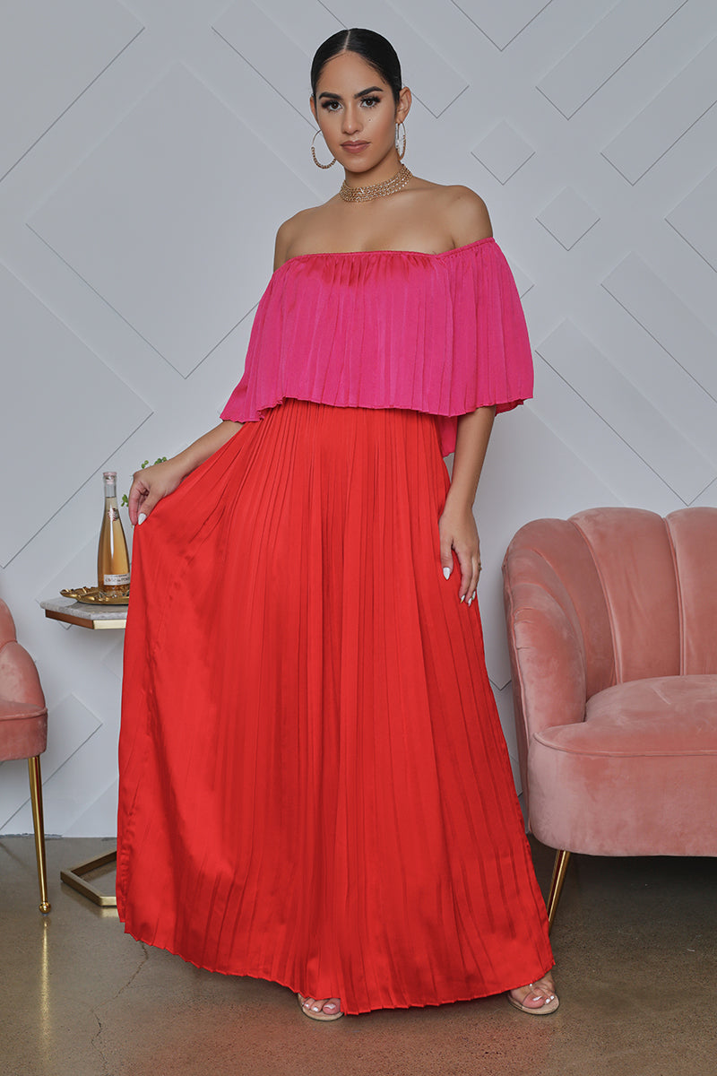 pleated red maxi dress