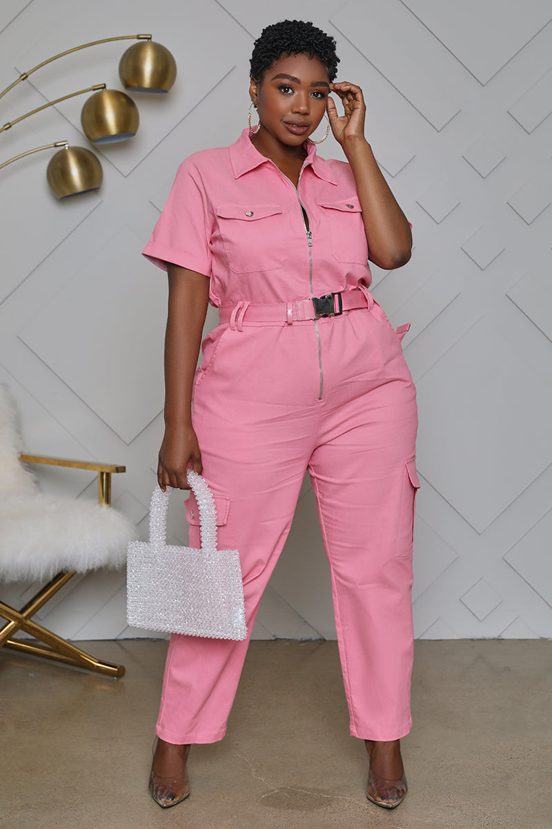 Curvy Utility Cargo Belted Jumpsuit 