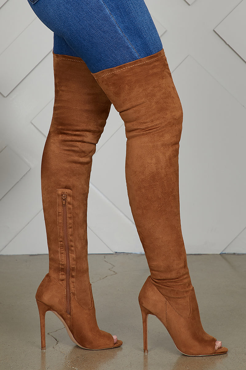 wide calf peep toe thigh high boots