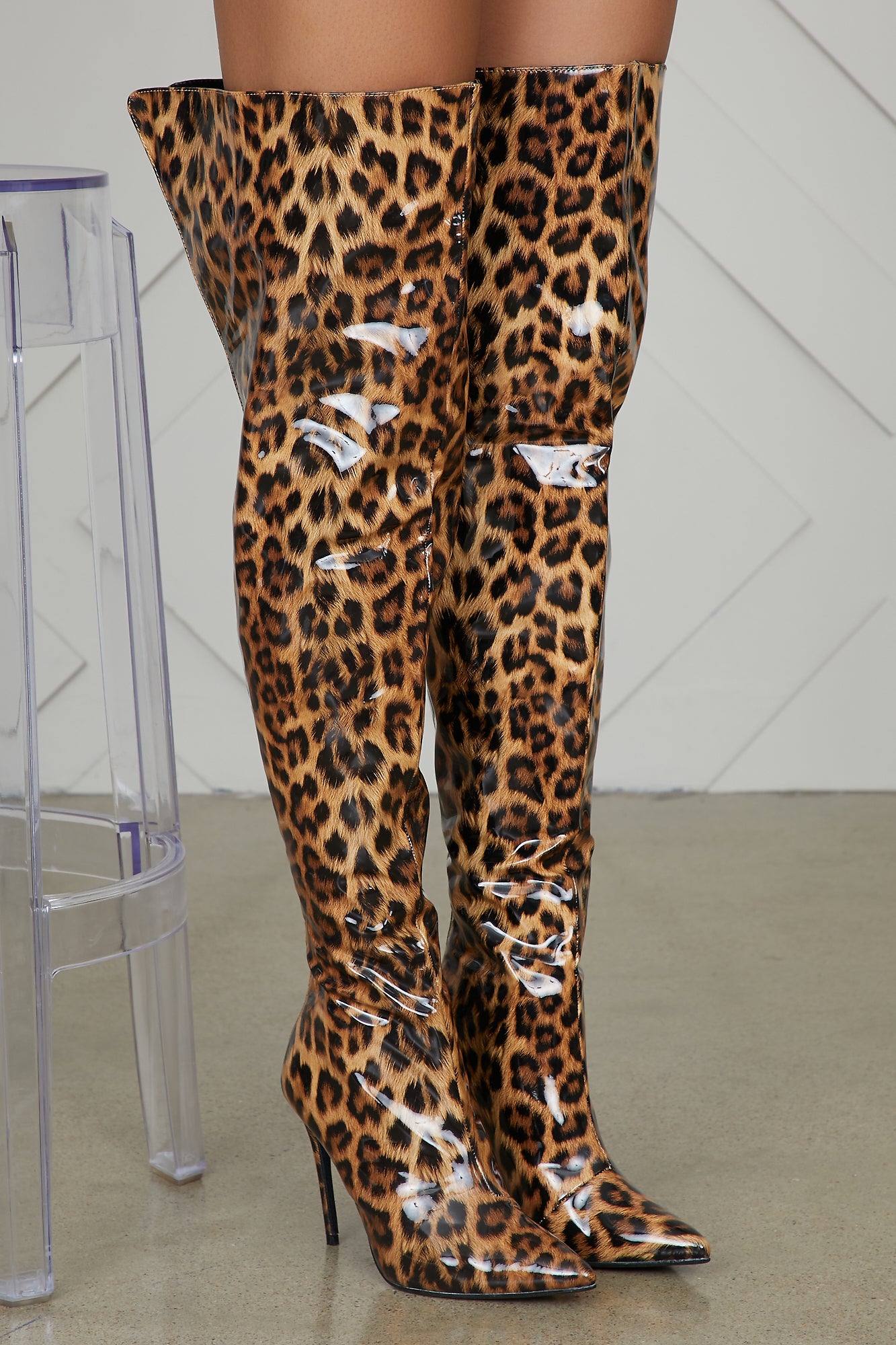 Patent Leather Thigh High Leopard Boots 