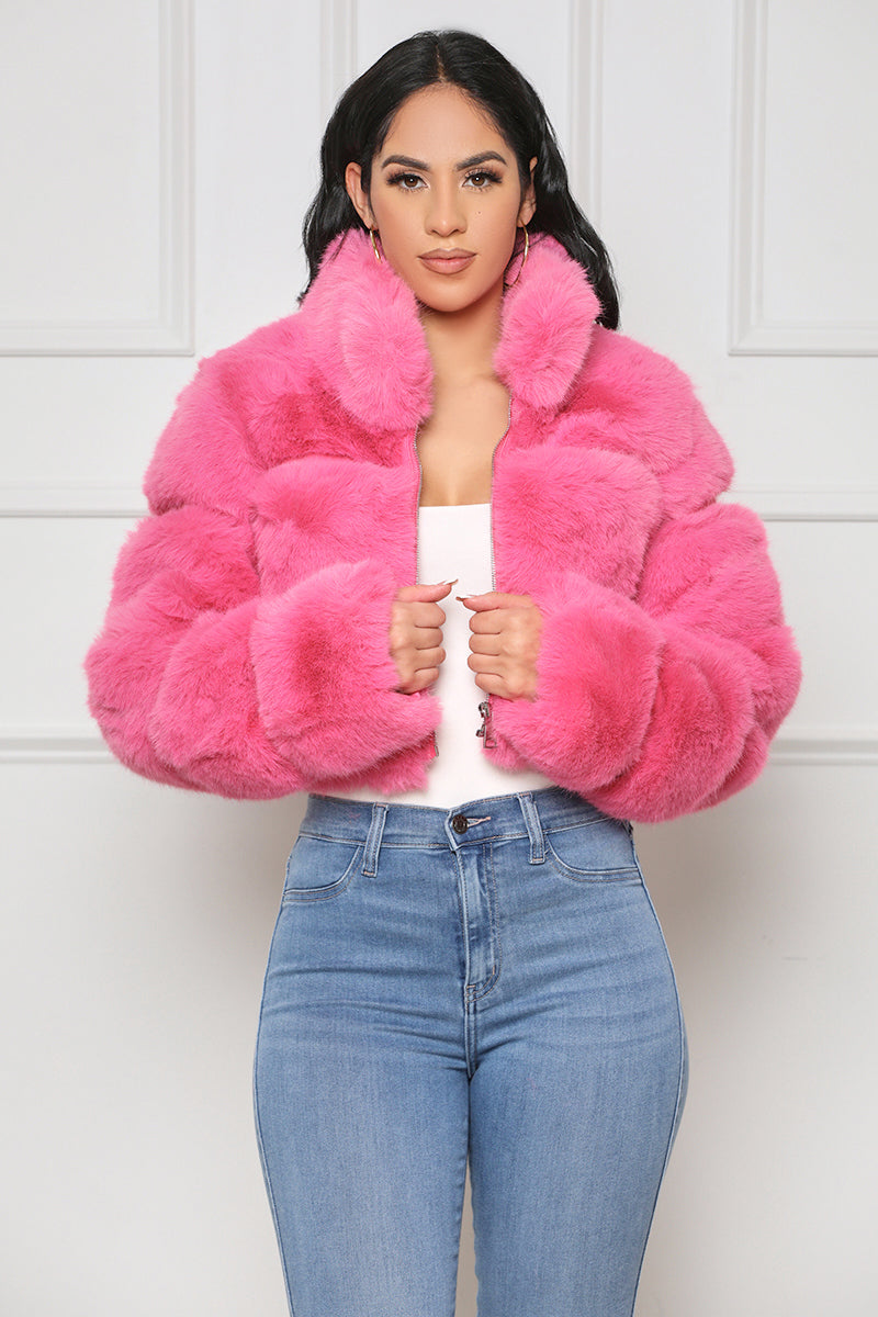 So Fetch Faux Fur Crop Bubble Coat (Pink) - Lilly's Kloset