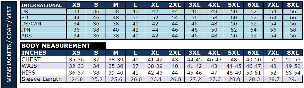 size chart women and men