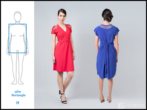 To flatter a rectangular body shape, we will create the illusion of a more feminine waistline by using dresses with a waist belt. For the blue dress, for the red dress (in black)