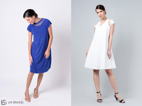 Right: flattering white dress, available here / Left: blue chain dress, available here