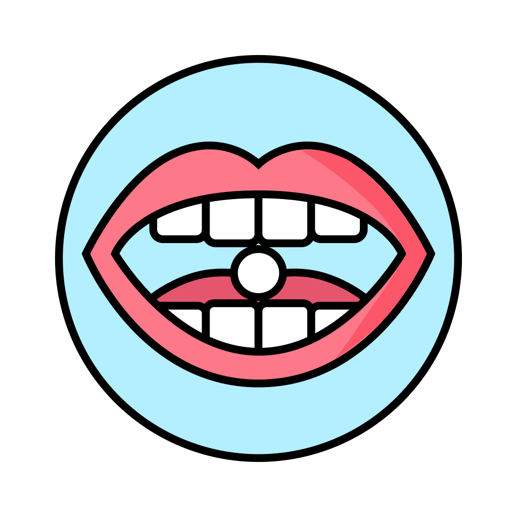 Icon of a mouth with a Reco toothtab - Toothpaste Tablet in between front teeth