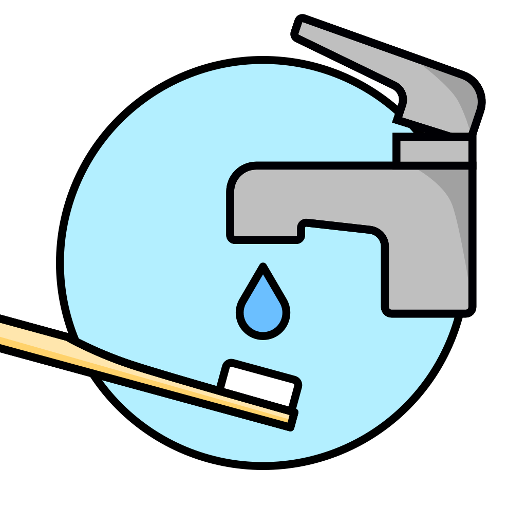 Icon of a Reco bamboo toothbrush under a tap with water coming out