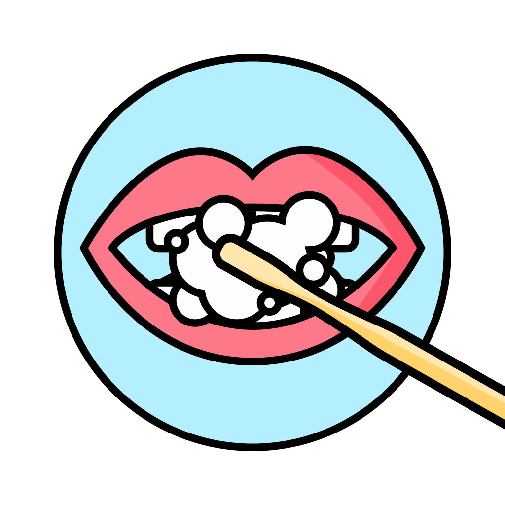 Icon of a mouth with the teeth being brushed with a Reco bamboo toothbrush