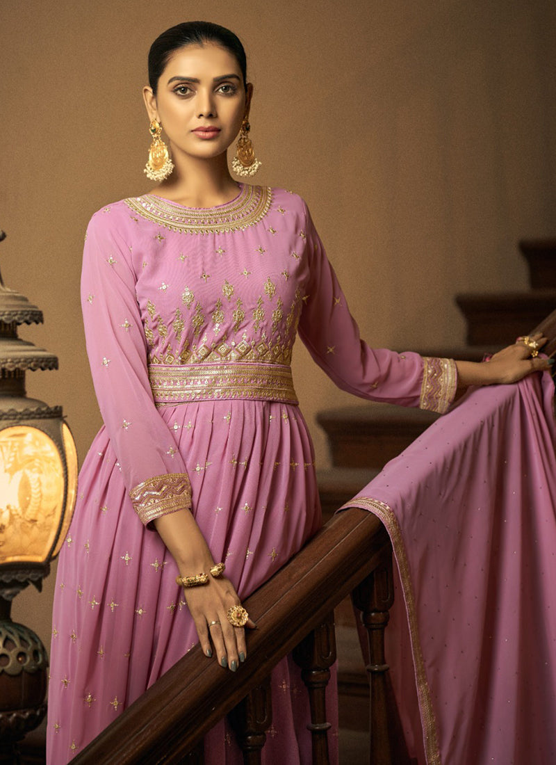 Pink Sequence Embroidery Anarkali Pant Suit
