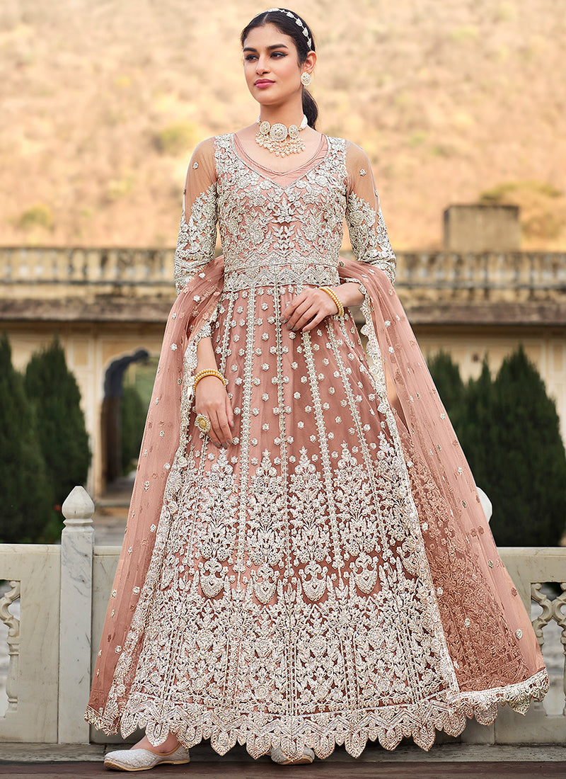 Soft Peach Embroidery Wedding Anarkali Suit
