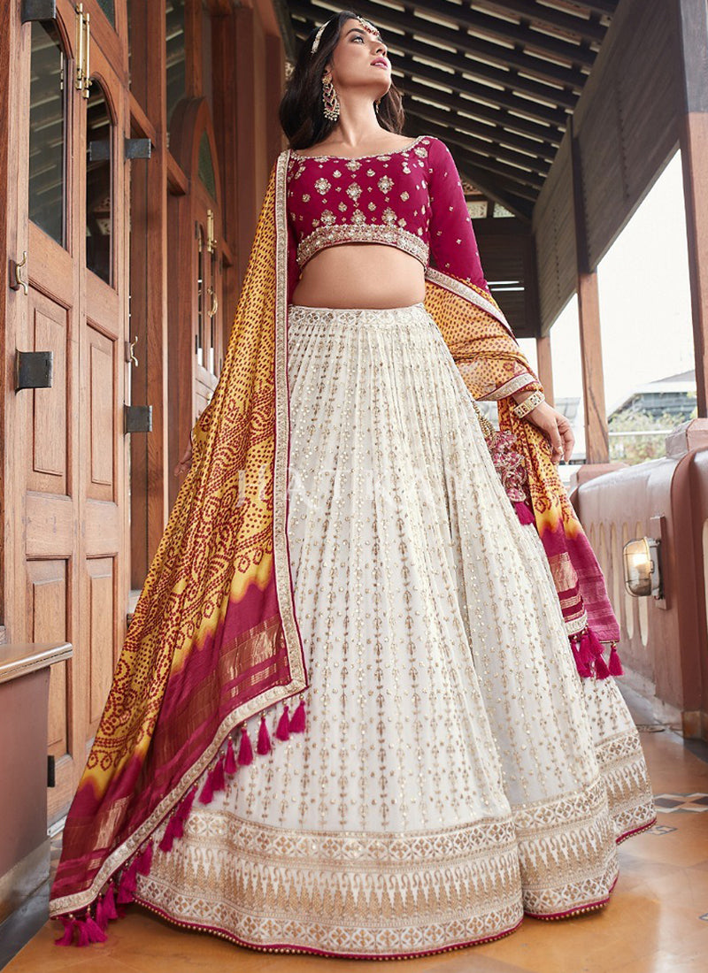 Pink And White Embroidered Georgette Lehenga Choli