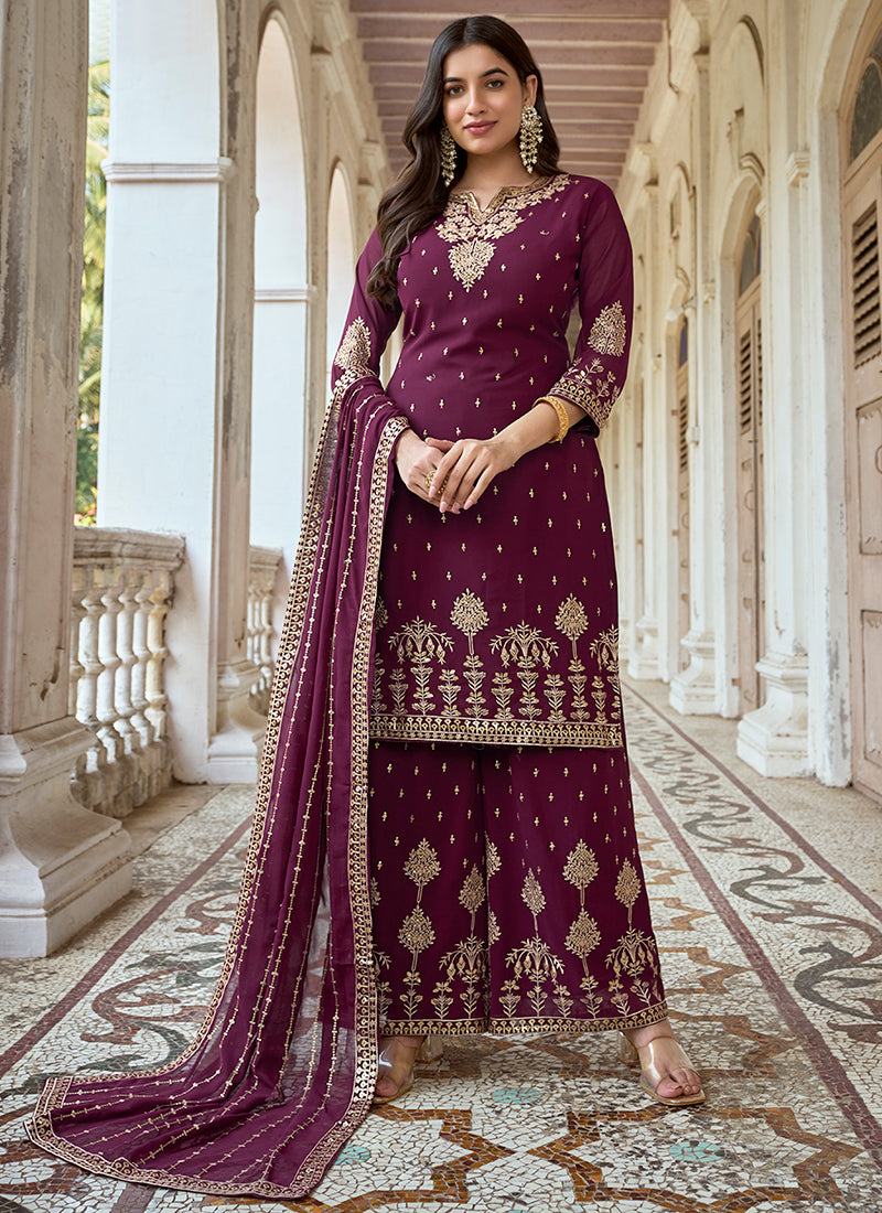 Wine Embroidery Traditional Georgette Palazzo Suit