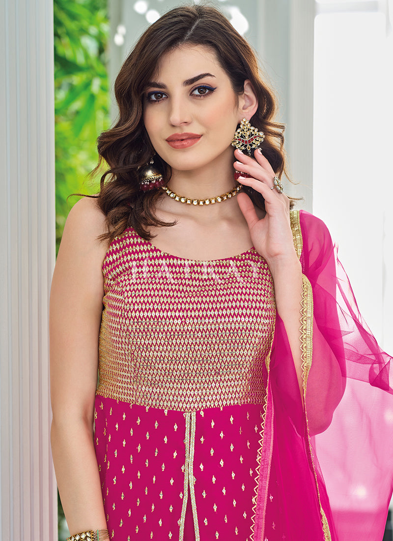 Hot Pink Embroidered Traditional Gharara Suit