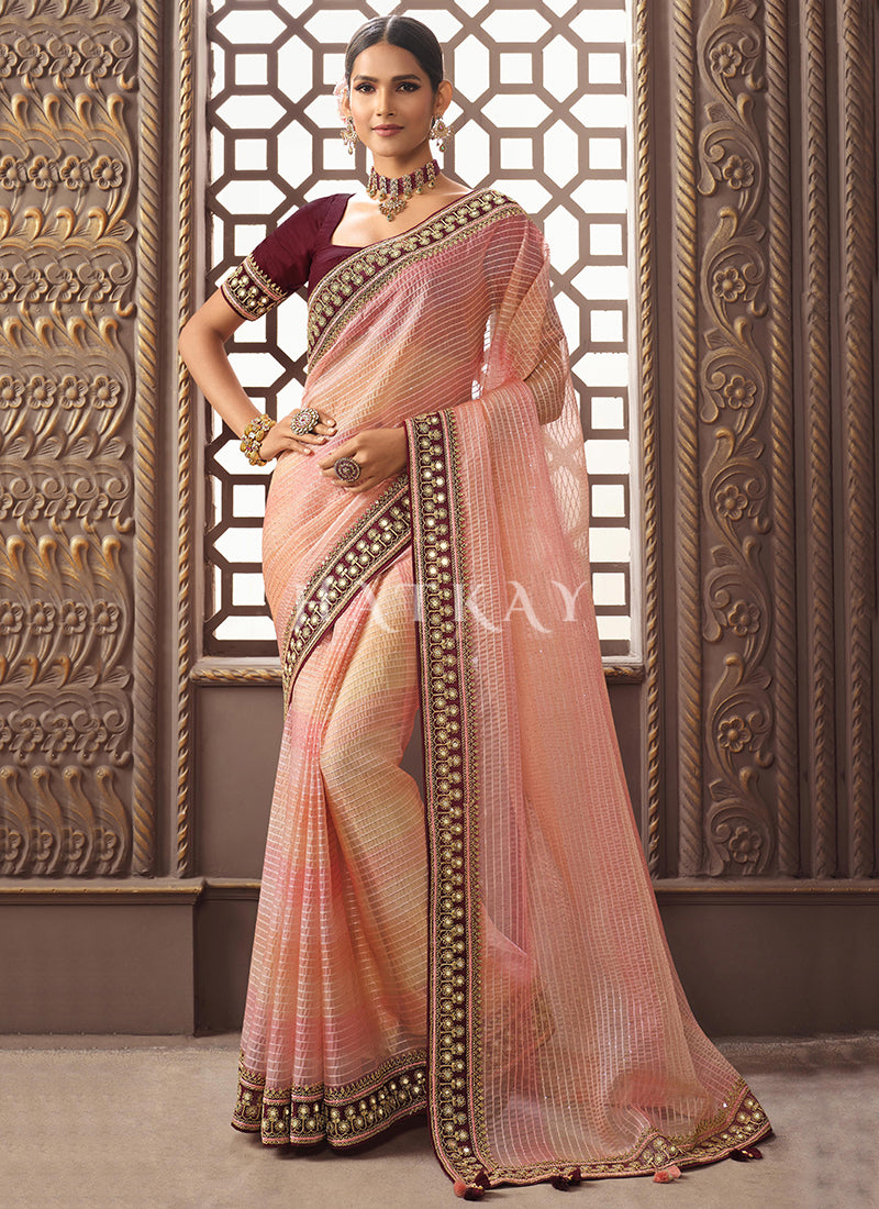 Pink Shaded Zari Embroidery Organza Silk Saree