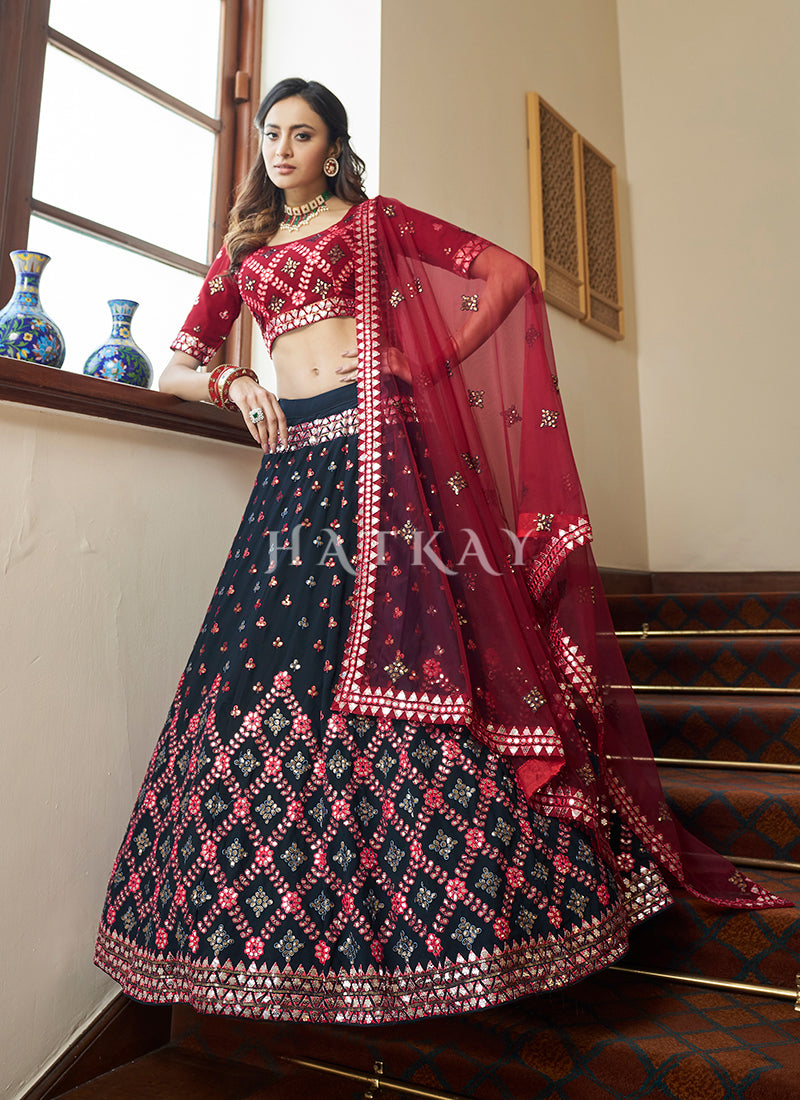 Dark Blue And Red Embroidered Wedding Lehenga Choli