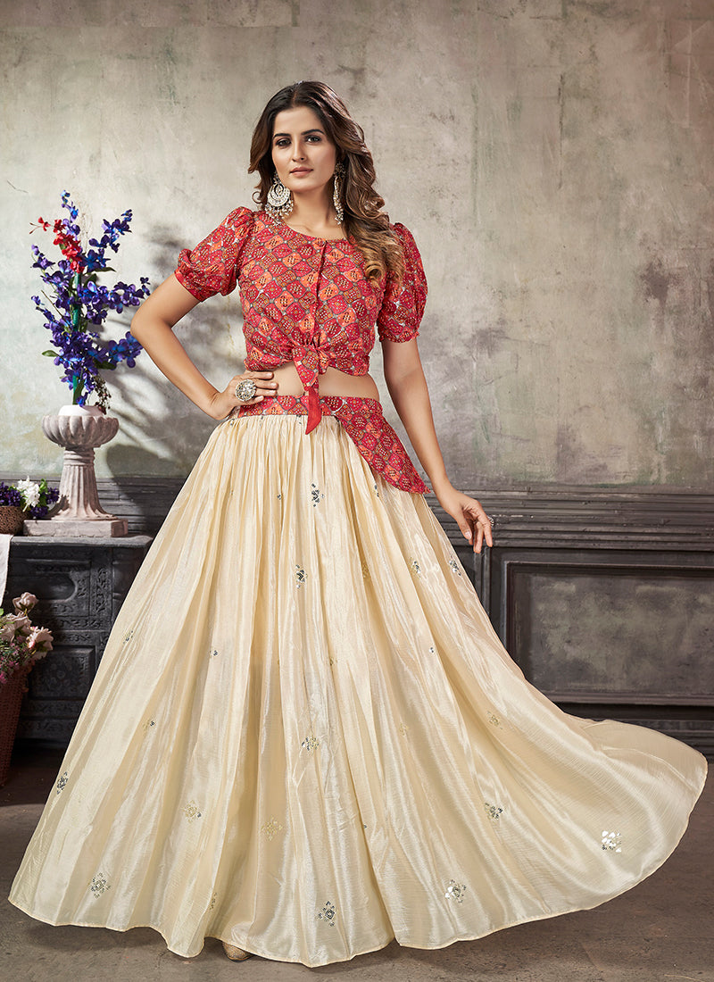 Shop Bollywood Lehenga - Cream And Red Sequence Embroidery ...