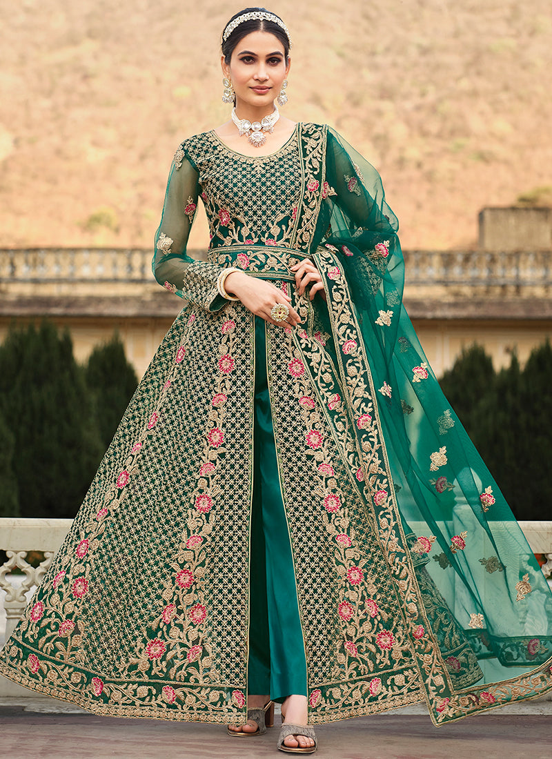 Green Multi Embroidery Slit Style Anarkali Lehenga