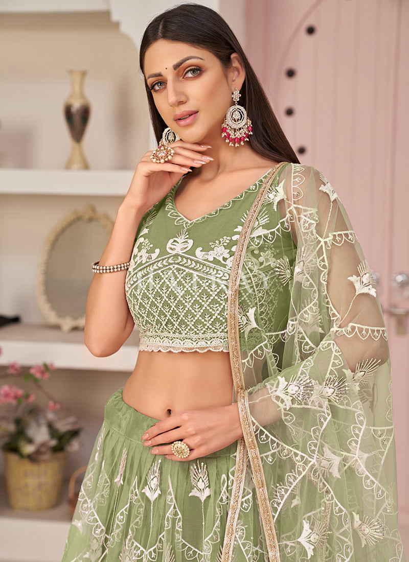 Pista Green Embroidered Partywear Lehenga Choli