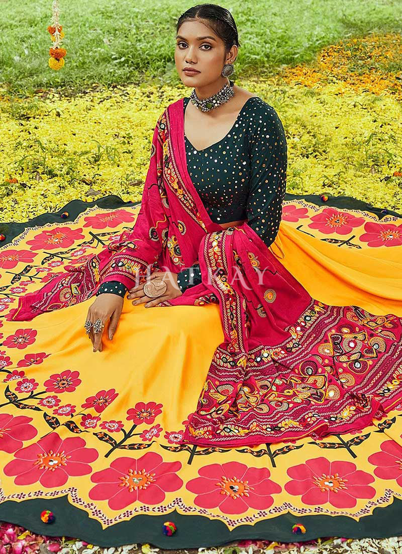 Green And Yellow Multicoloured Kutchi Embroidered Chaniya Choli