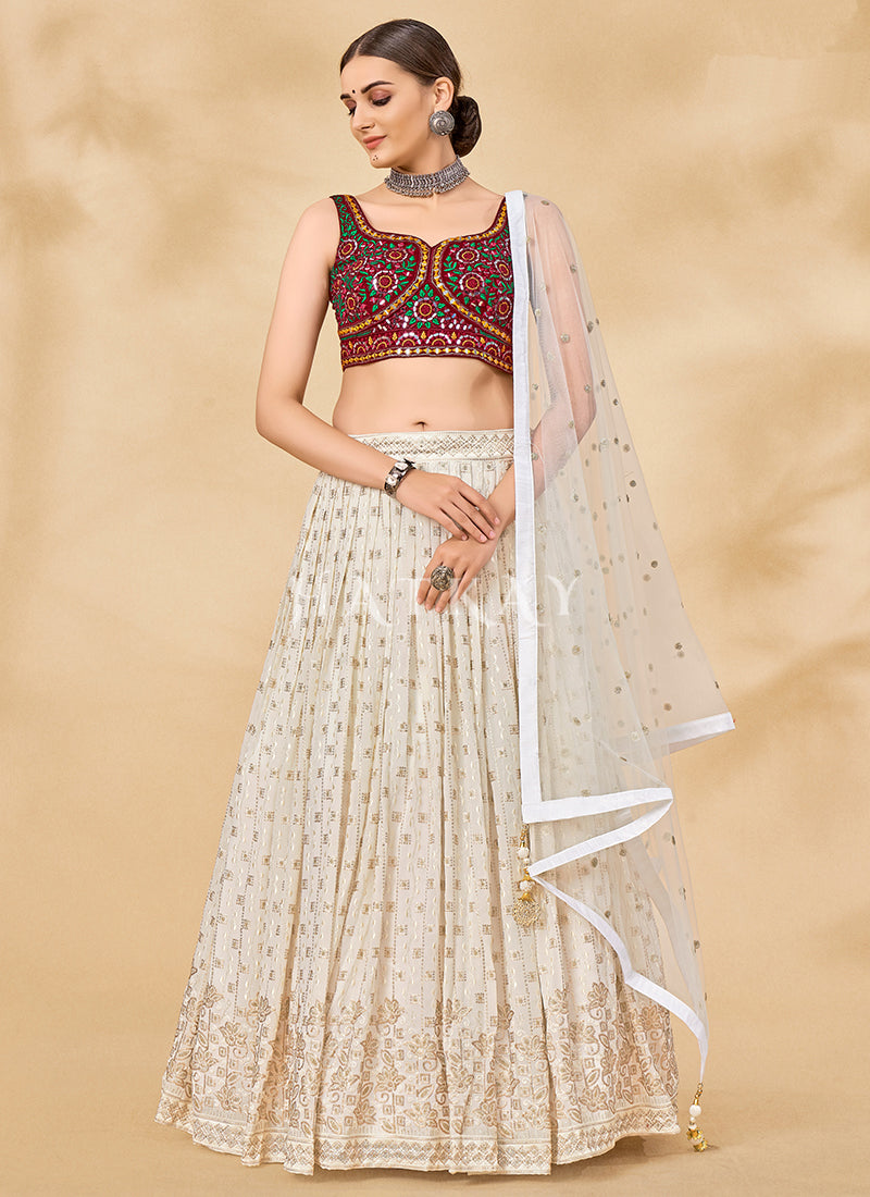 Off White Mirror And Sequence Embroidered Lehenga Choli