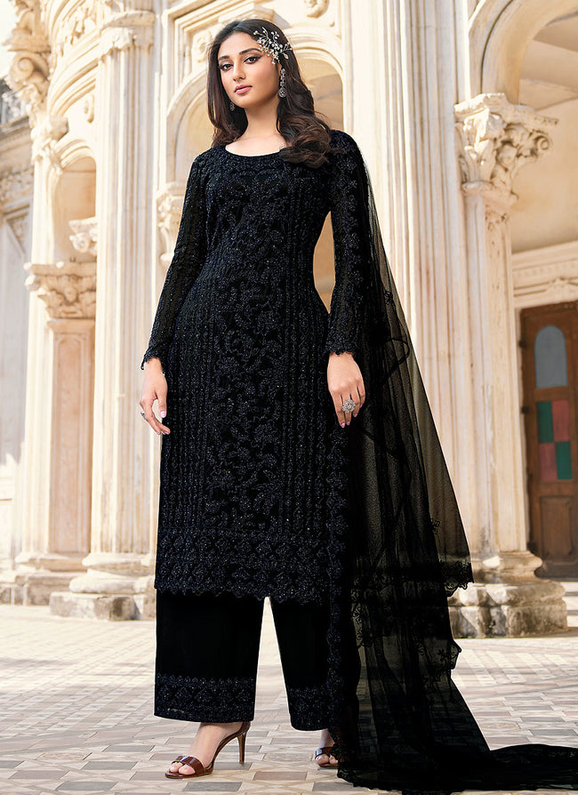 Pant Style Suit Embroidered Faux Georgette in Black