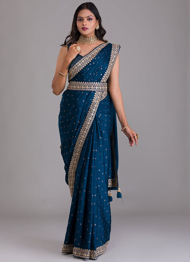 Royal Blue Sequence Embroidery Silk Saree With Belt