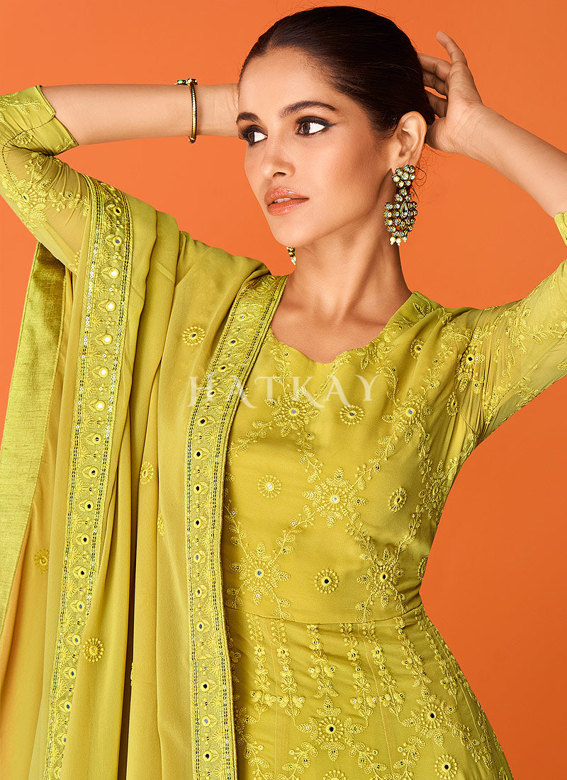 Yellow Mirror Work Embroidered Party Wear Anarkali Suit
