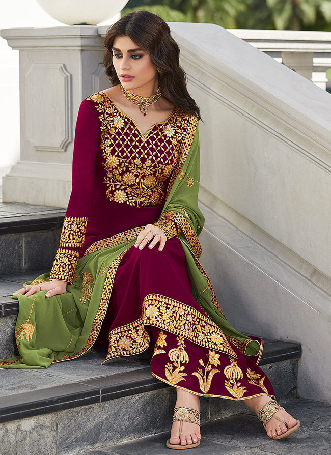 Maroon And Green Embroidered Palazzo Suit