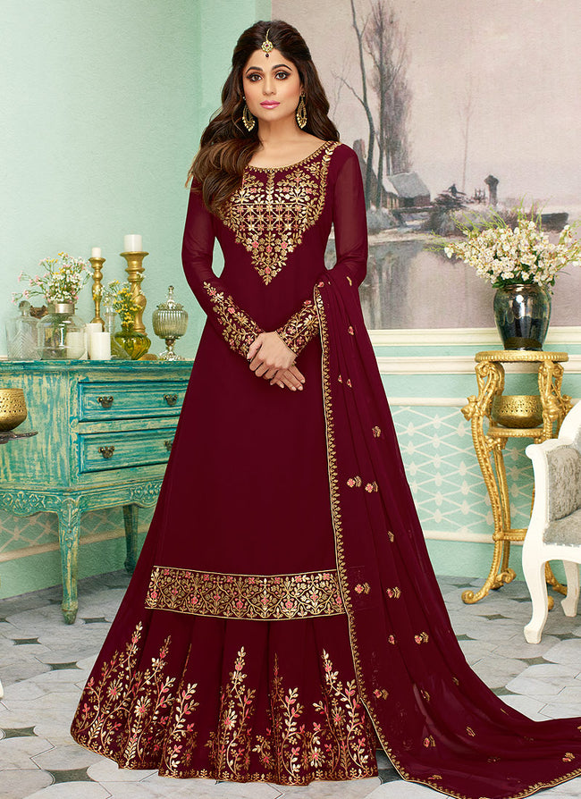 Maroon Golden Embroidered Sharara Style Suit