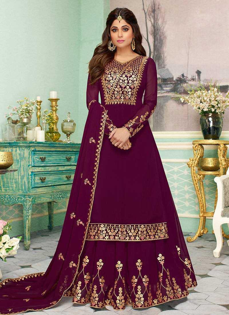 Magenta Golden Embroidered Sharara Style Suit