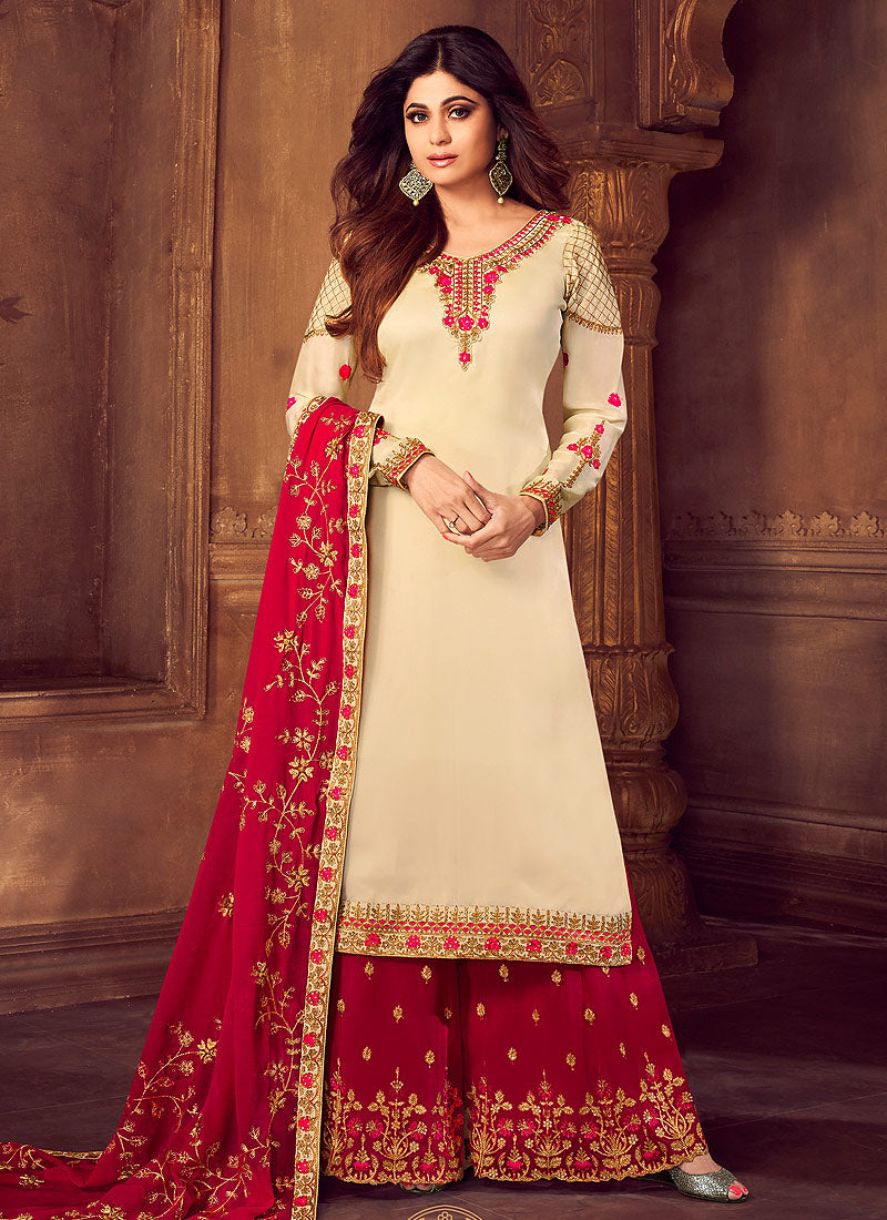 Buy Indian Beige And Crimson Traditional Embroidered Palazzo Suit for ...