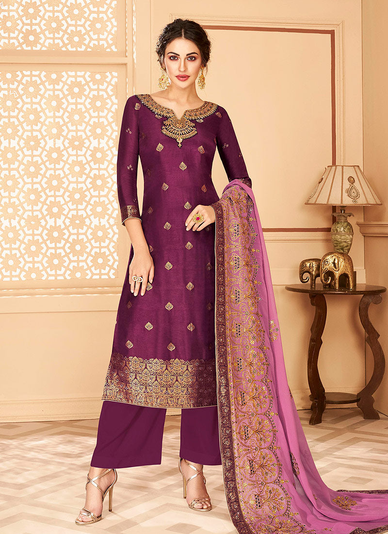 Buy Plum Jacquard palazzo Suit In USA, UK, Canada, Australia, Newzeland ...