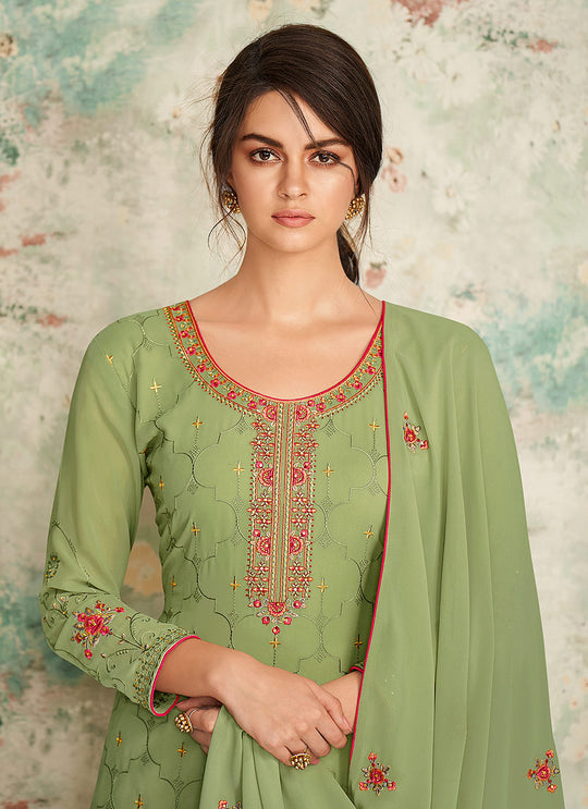 Light Green Multi Embroidered Palazzo Suit