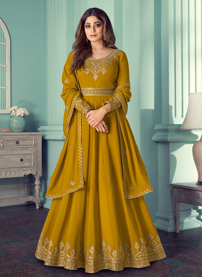 Buy Mustard Yellow And Gold Embroidered Anarkali In usa online