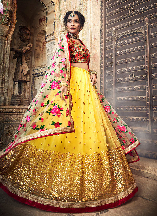 red yellow lehenga choli