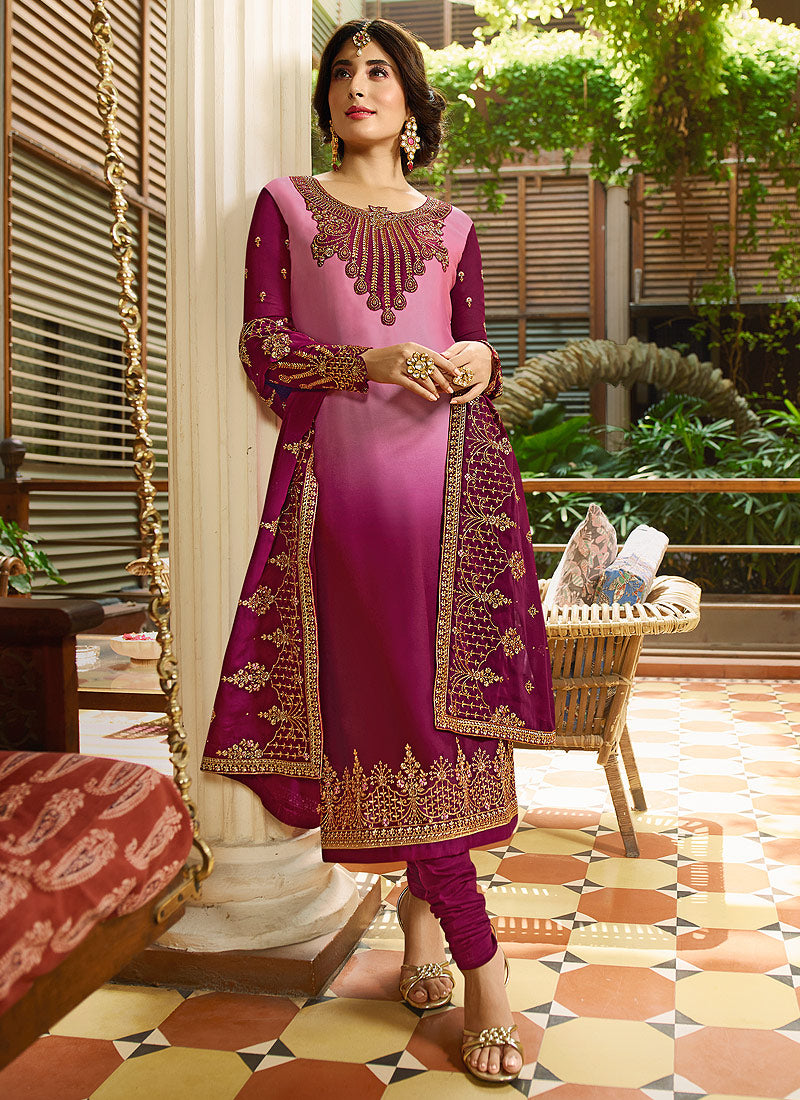 Pink Shaded Multi Embroidered Designer Pakistani Pant Suit