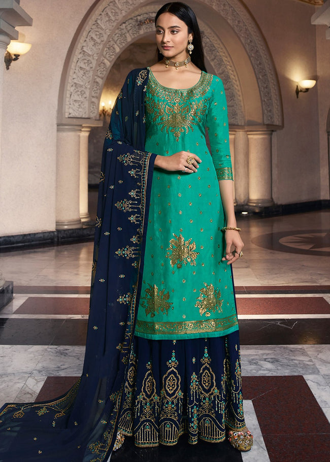 Buy Turquoise And Blue Designer Sharara Suit In USA, UK, Canada ...