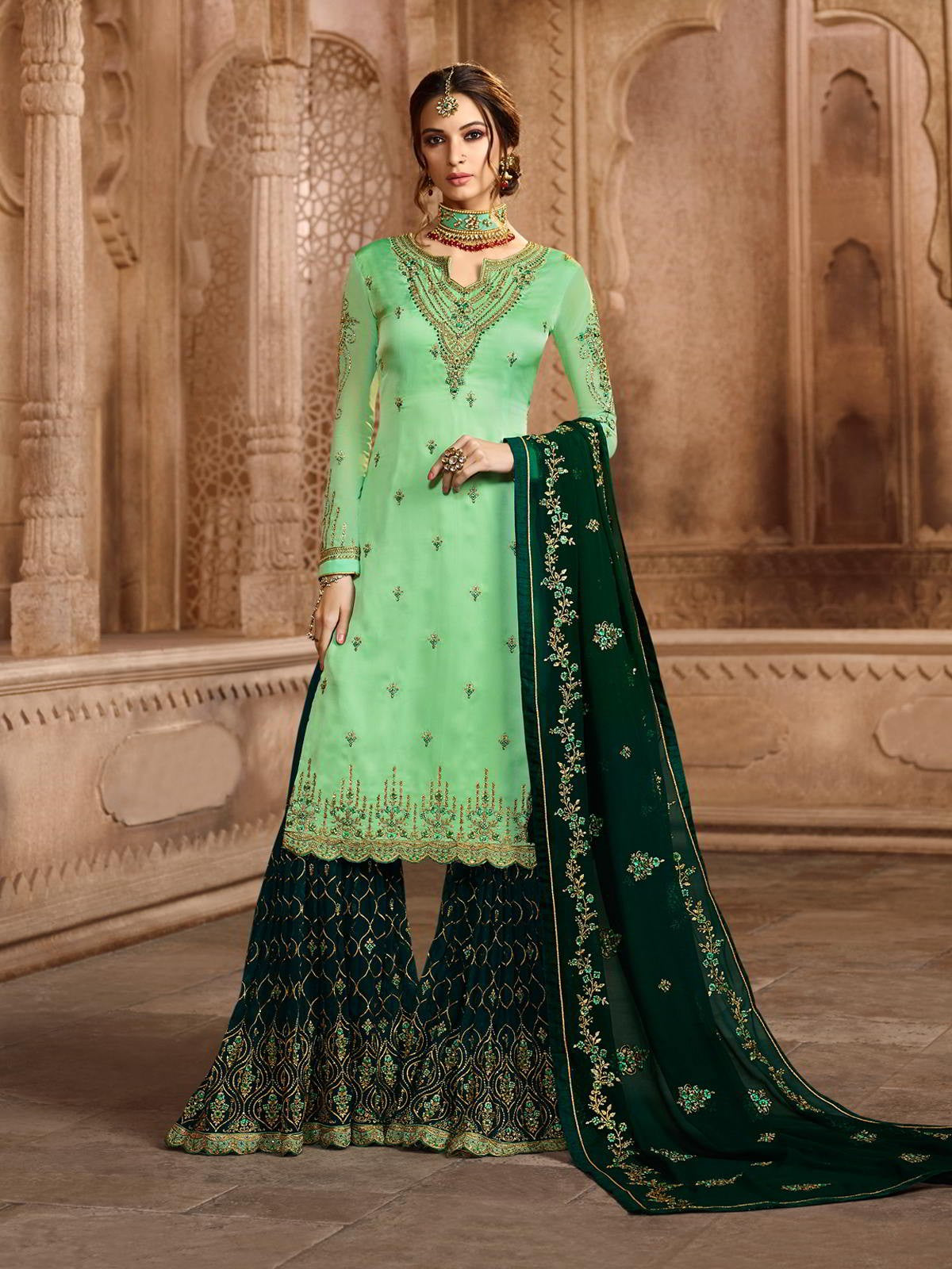 Green Dual Tone Embroidered Pakistani Gharara Suit