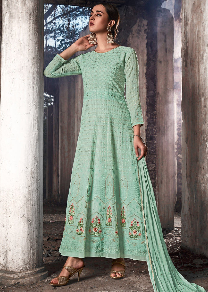 Aqua Blue Lucknowi Anarkali Suit In USA, UK, Canada, Australia, UAE