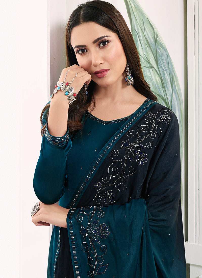 Turquoise Blue Embroidered Salwar Kameez Suit