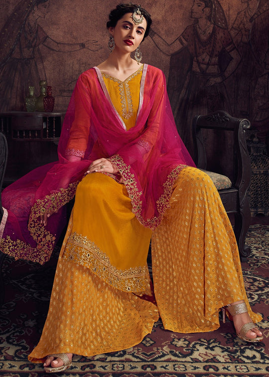 Yellow and Pink Embroidered Pakistani Palazzo Suit