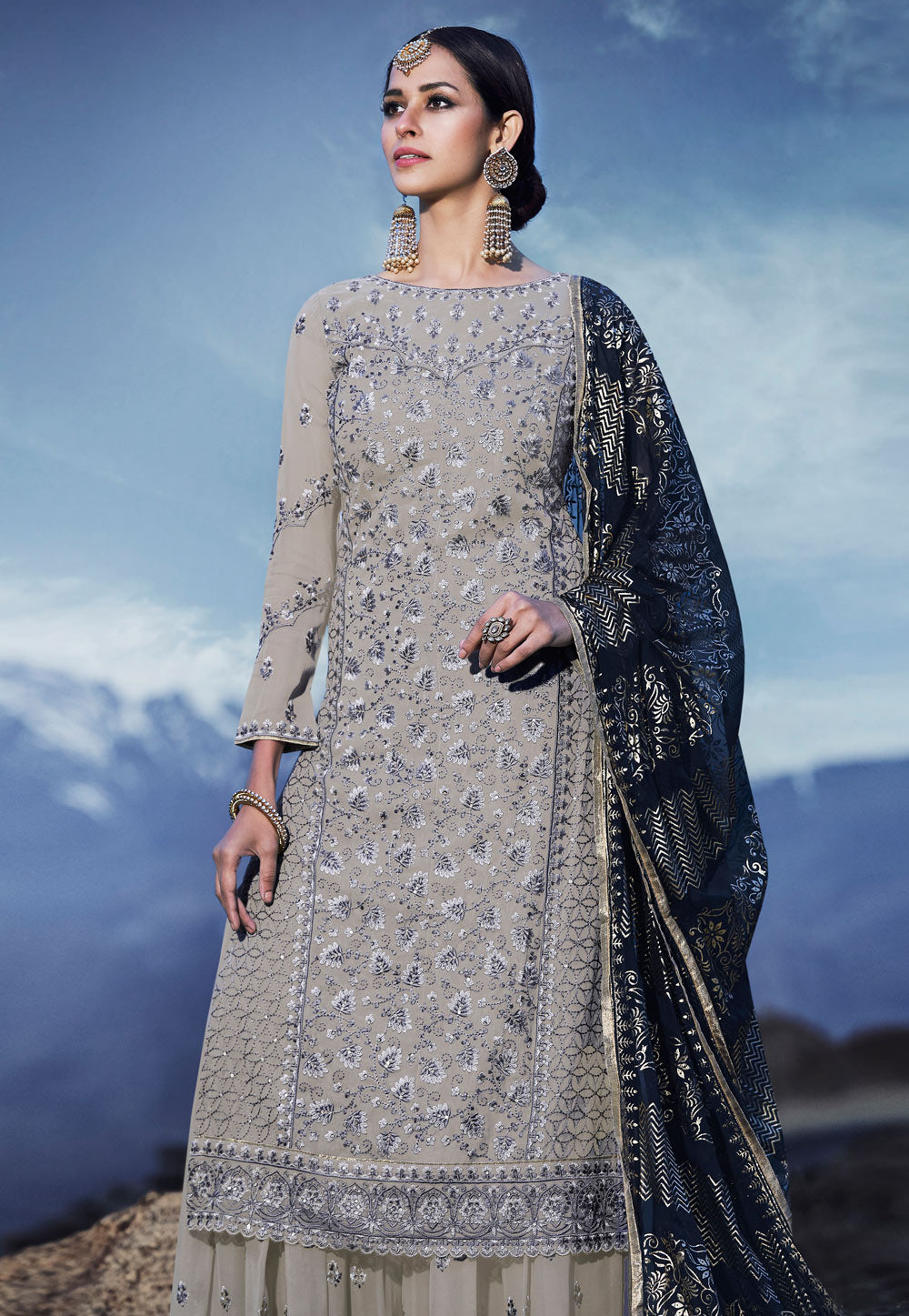 Grey And Blue Embroidered Palazzo Suit