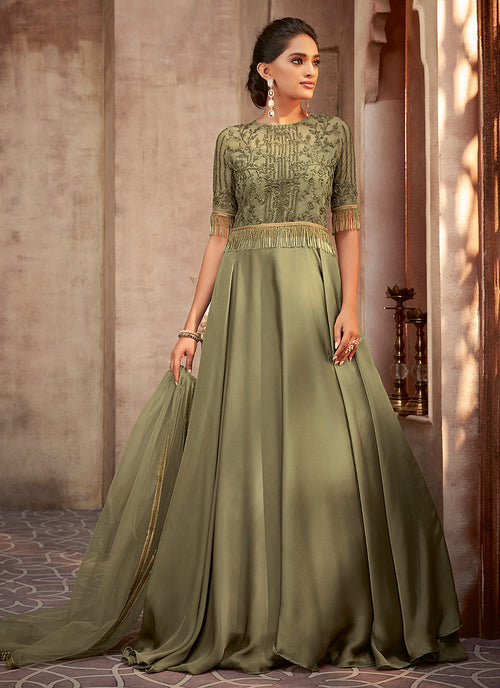 olive green anarkali