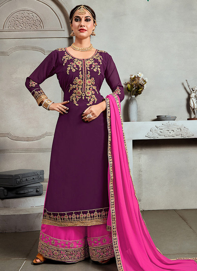 Purple And Pink Golden Embroidered Pakistani Palazzo Suit