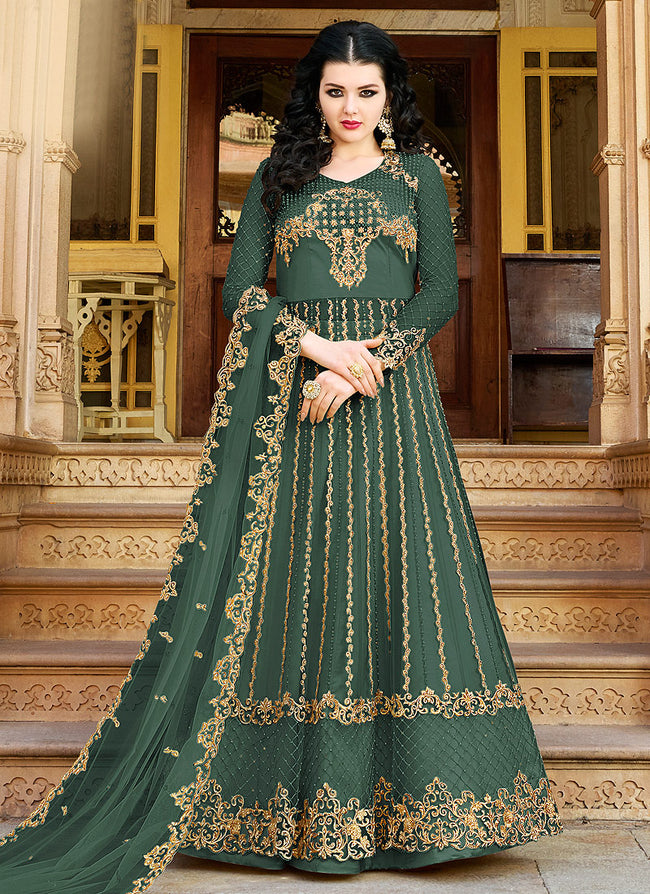 Dark Green Embroidered Designer Anarkali Lehenga Suit