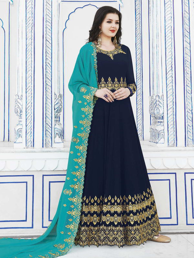 Buy Indian Blue And Turquoise Golden Embroidered Flared Anarkali Suit ...