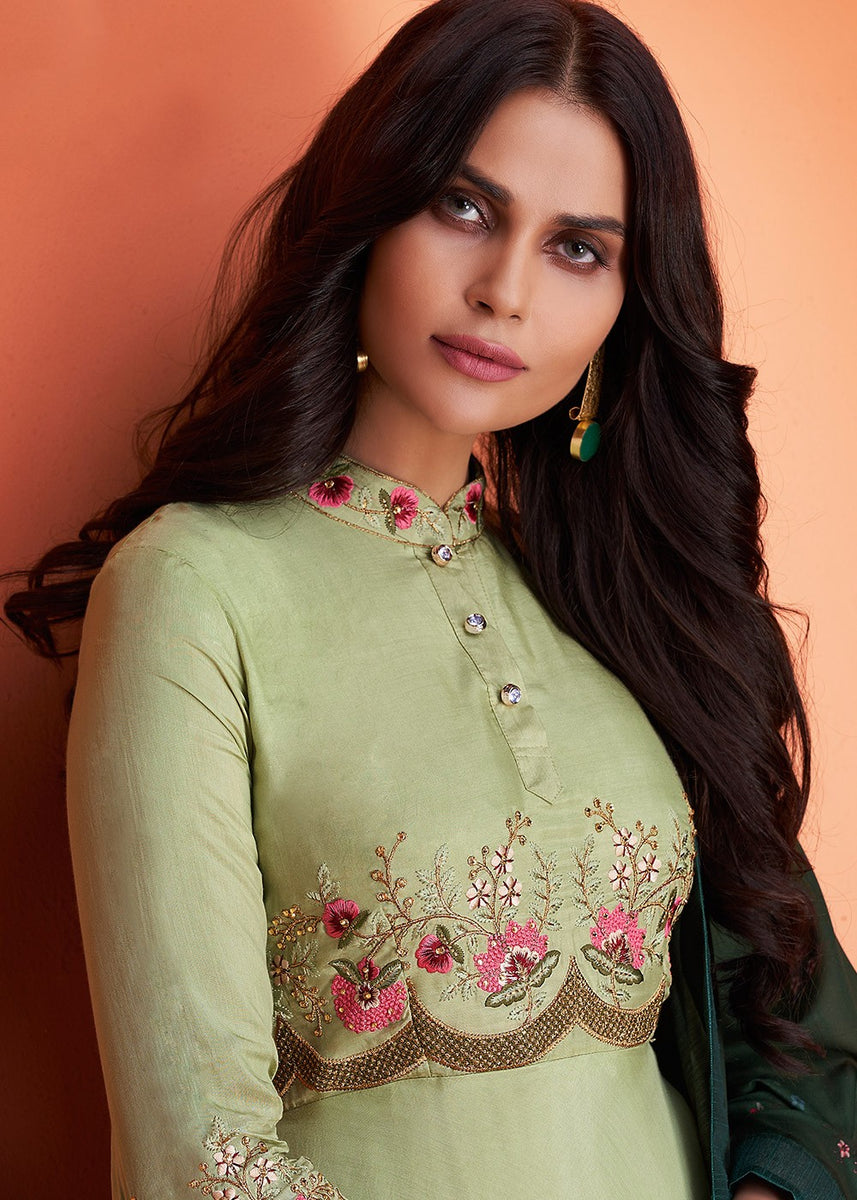 Green Floral Embroidered Palazzo Suit