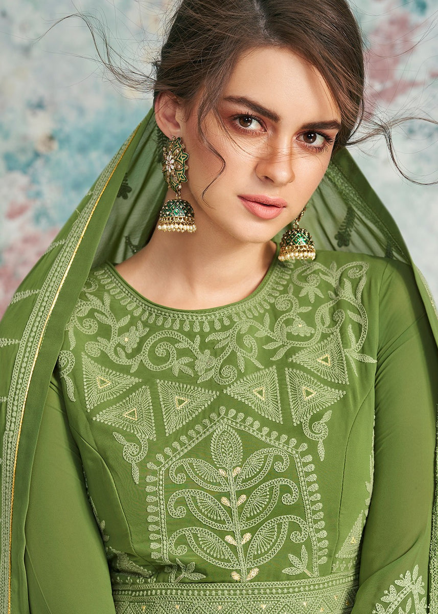 Buy Green Lucknowi Anarkali Suit In USA, UK, Canada, Australia ...