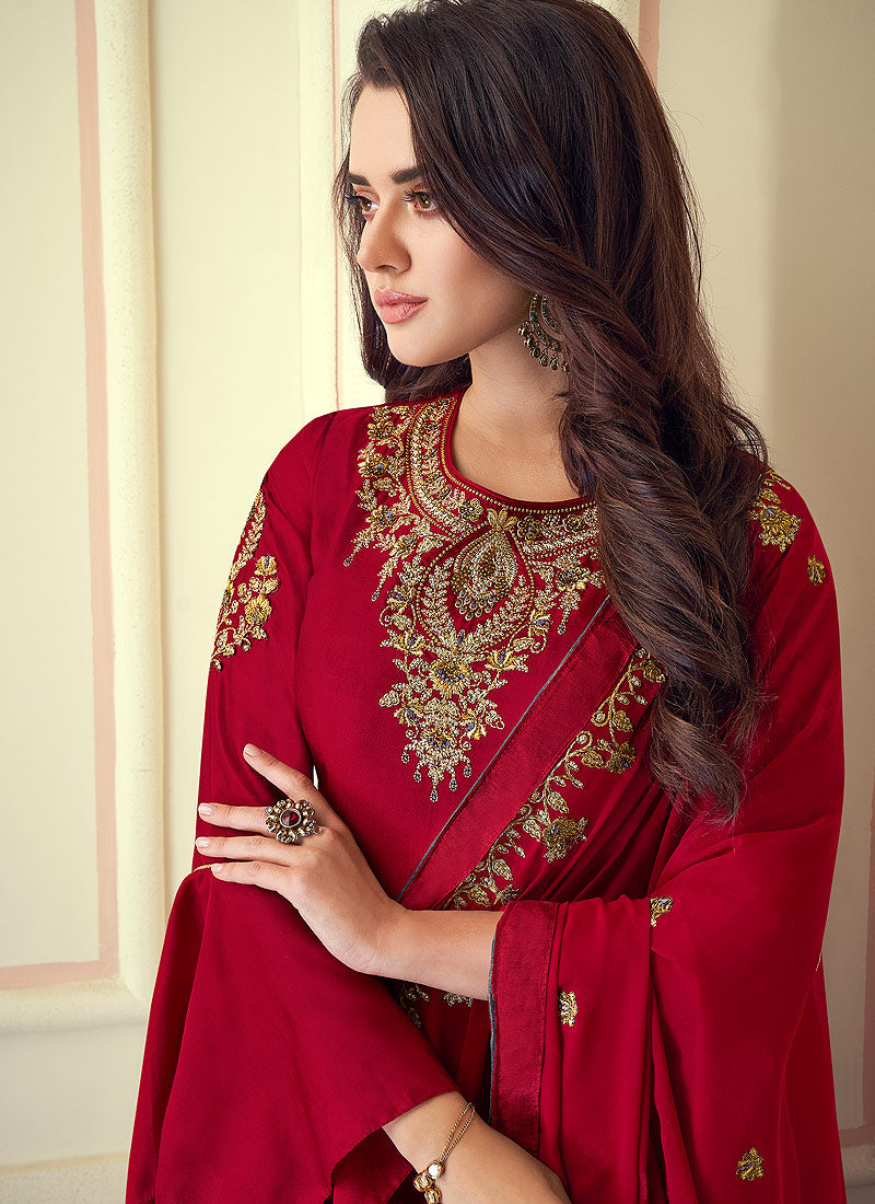 red silk anarkali