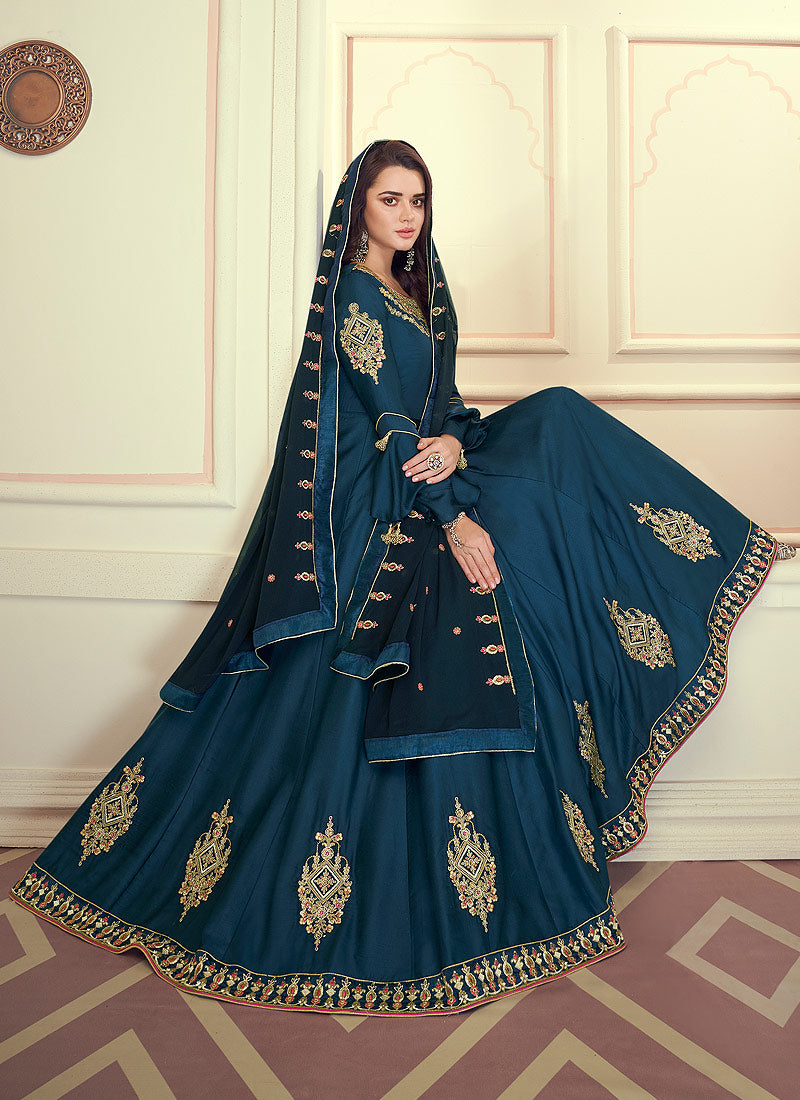 Buy Turquoise Blue Silk Anarkali Suit In USA, UK, Canada, Australia ...